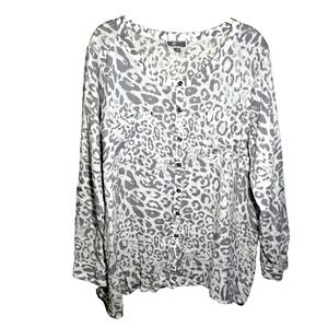 JM‎ Colletion  Womens 14 Gray White Blouse Top Linen Leopard Tunic Lightweight
